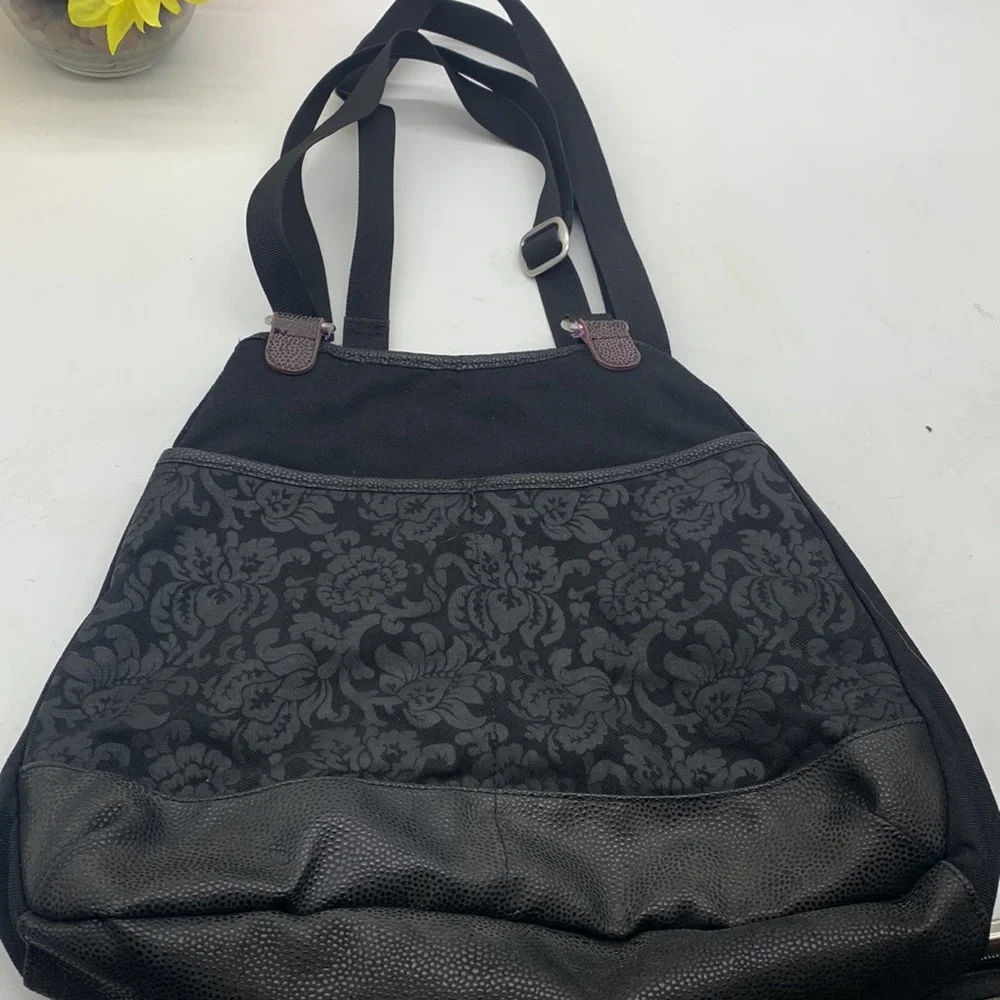 Haiku Black Purple Flower Large Satchel Shoulder Bag. MCB3605